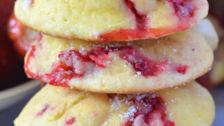 easy strawberry cookies stacked with fresh strawberries, soft bakery style strawberry cookies recipe