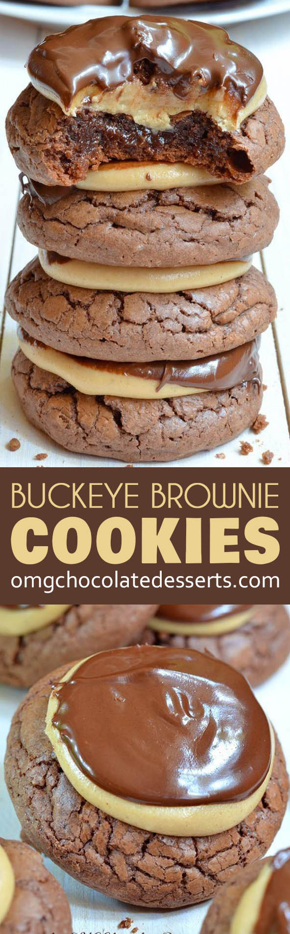 These buckeye brownie cookies are soft, cake-like cookies that are filled with a creamy dollop of peanut butter. They are easy buckeye treats!