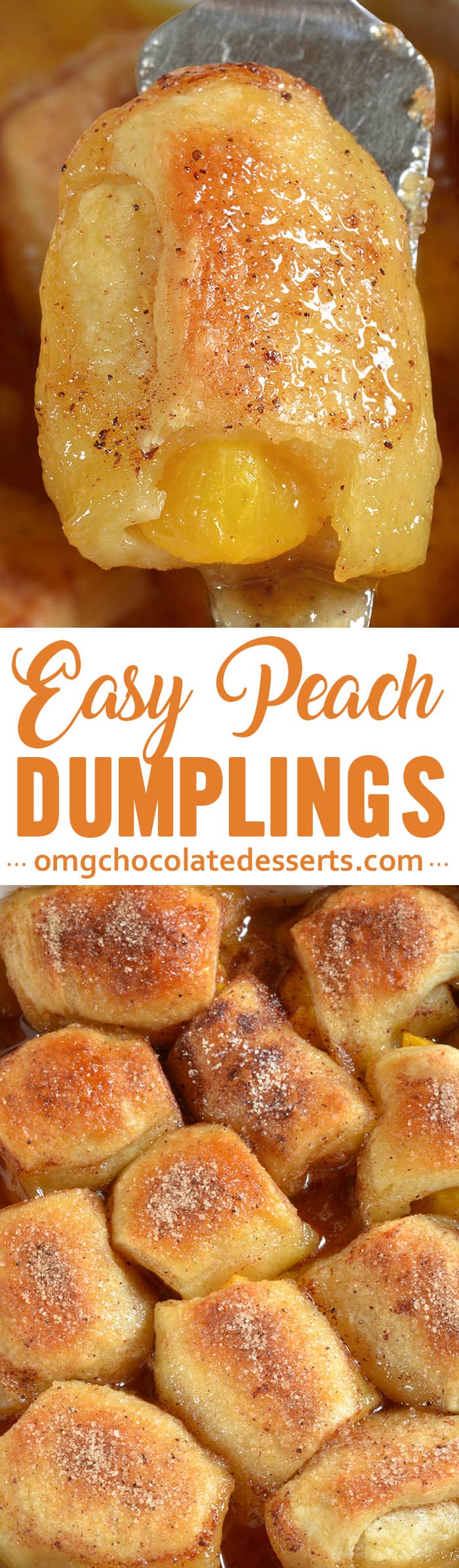 These peach dumplings bake into a delicious, sweet and buttery dessert. Serve warm with a scoop of vanilla ice cream!