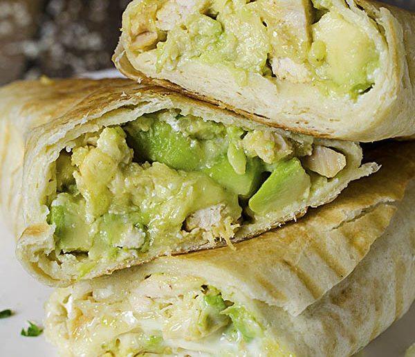 Chicken Avocado Buritos sliced in half