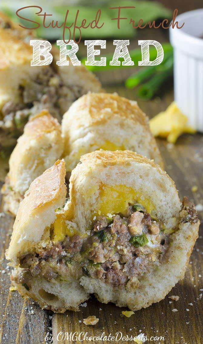 In only half an hour, prepare a quick and tasty dinner for your family! Stuffed French Bread is a quick and a simple recipe for a crispy loaf of bread stuffed with cheesy minced beef.