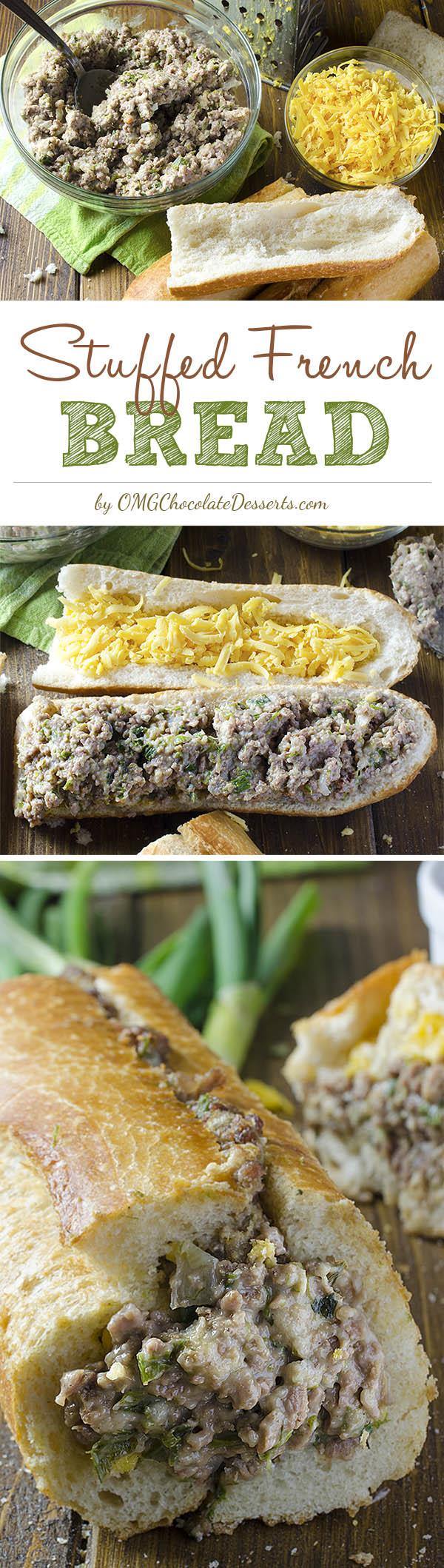 In only half an hour, prepare a quick and tasty dinner for your family! Stuffed French Bread is a quick and a simple recipe for a crispy loaf of bread stuffed with cheesy minced beef