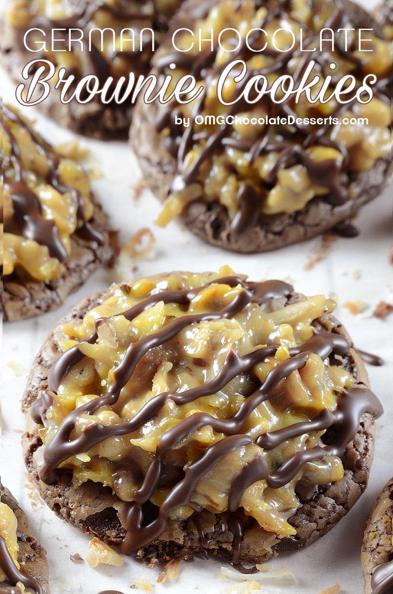 German Chocolate Brownie Cookies are soft and chewy brownie cookies topped with gooey coconut pecan caramel frosting drizzled with chocolate!