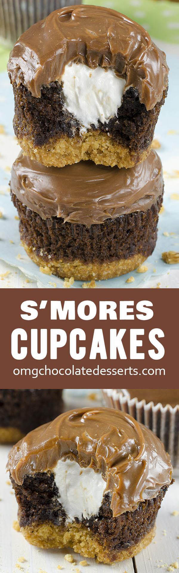 Hershey’s S’mores Cupcakes – delicious chocolate cupcakes with a graham cracker crust, filled with light and fluffy marshmallow filling and topped with milk chocolate ganache.
