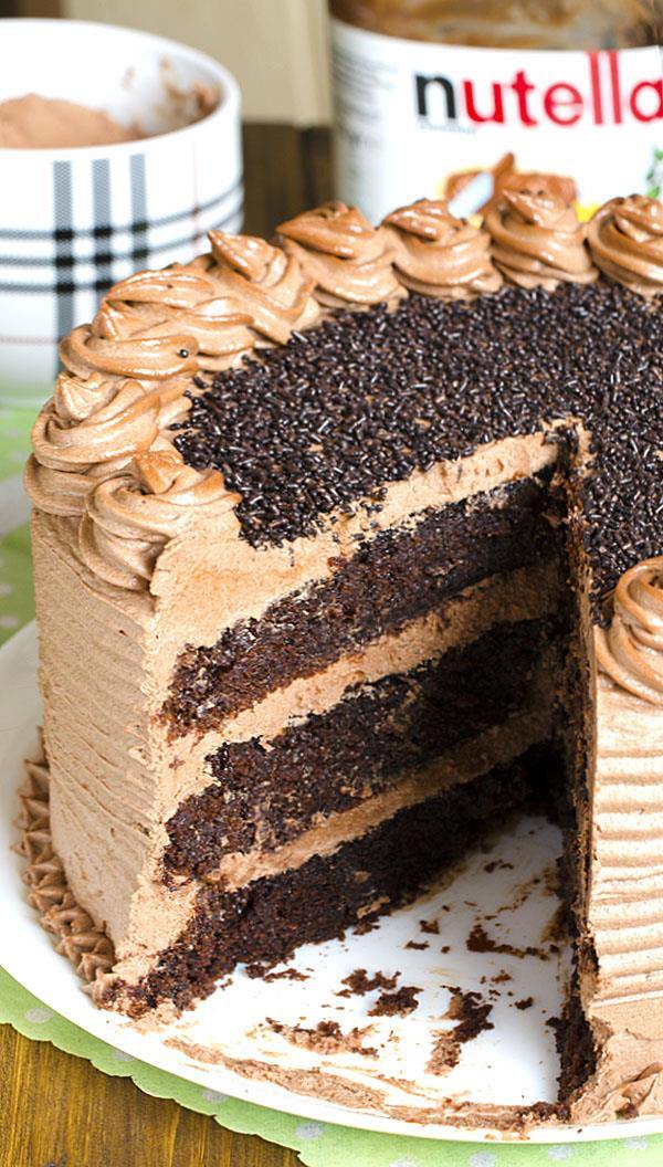 Decadent Nutella Chocolate Cake – moist, rich and super chocolaty cake frosted with rich and buttery Nutella frosting .