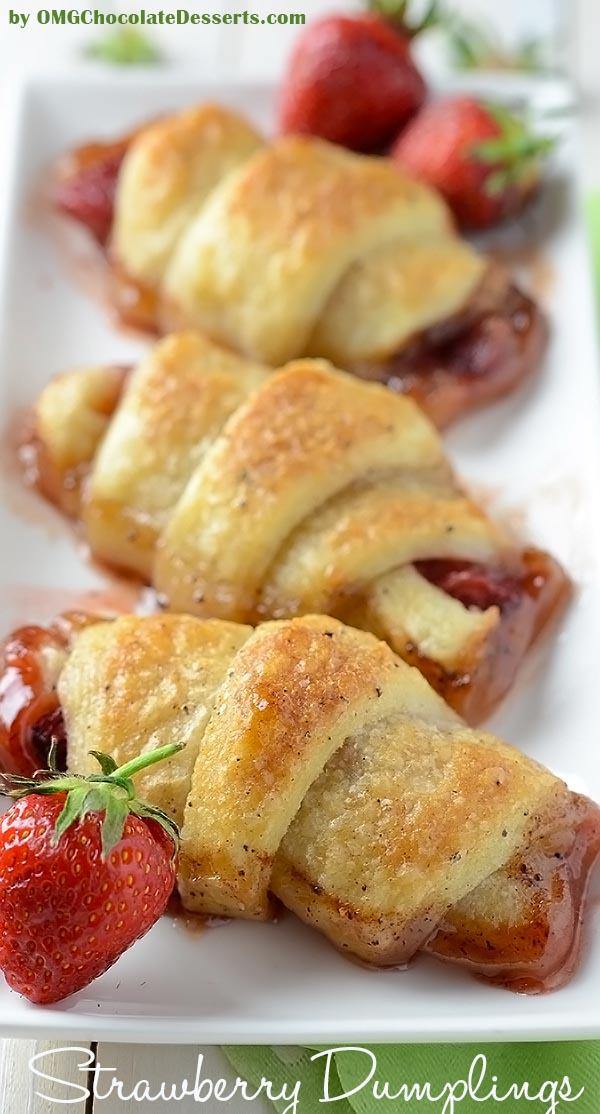 Strawberry Dumplings served with a scoop of vanilla ice cream will be perfect spring and summer treat. Crescent rolls filled with strawberries, baked in butter and brown sugar sauce, gets delightfully crisp tops while the bottoms stay soft and gooey.