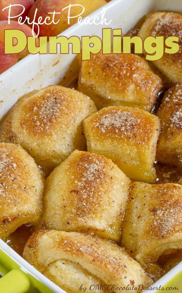 Just baked Peach Dumplings in a green casserole.