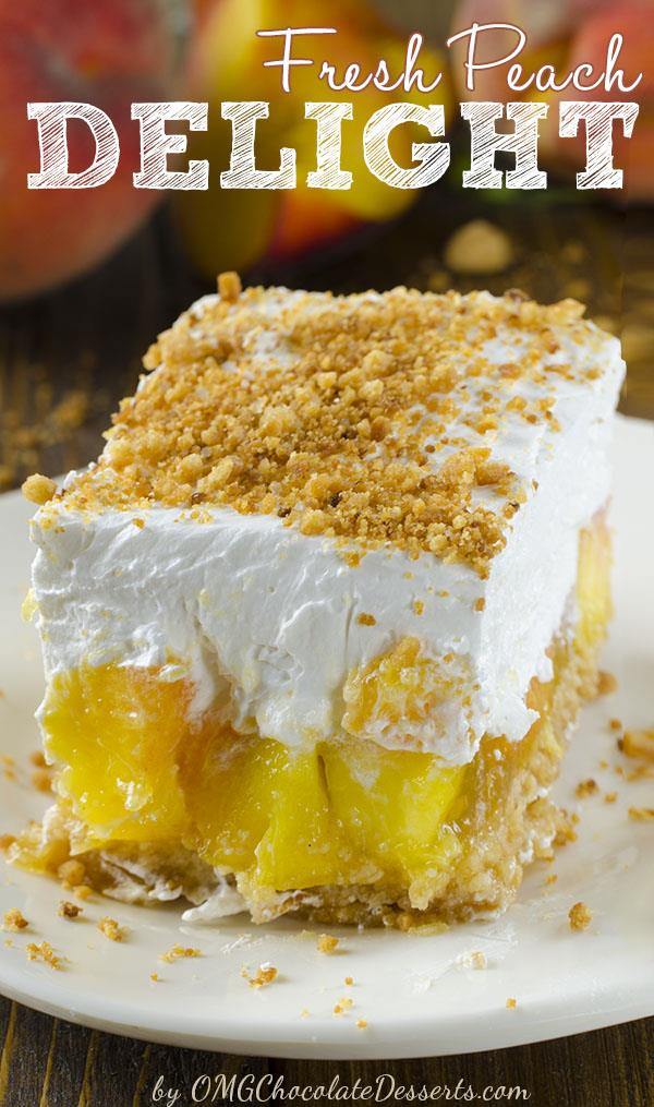 Fresh Peach Delight is a refreshing layered dessert - graham cracker crust is followed by a layer of fresh peach and jello filling, finished with a layer of cream cheese and cool whip mixture sprinkle with graham cracker crumbs on top.
