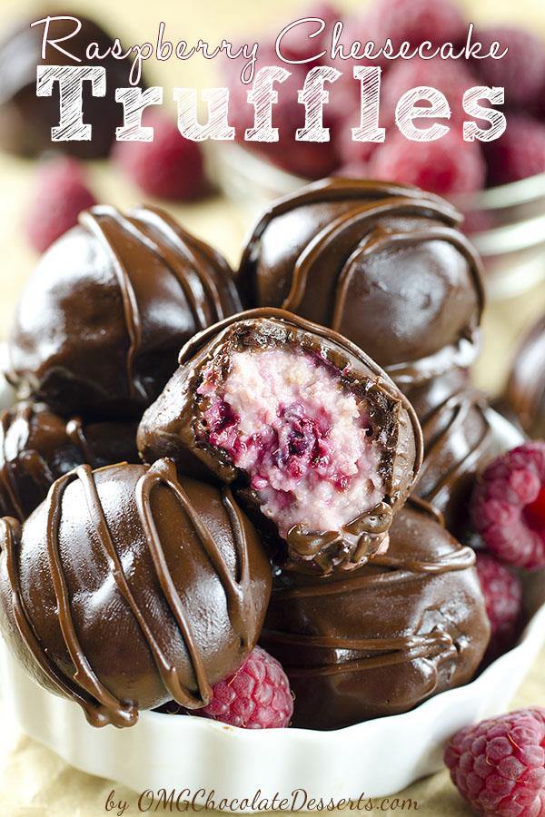 Raspberry Cheesecake Truffles are delicious, sweet and tart bites of creamy cheesecake filling hidden inside chocolate shell.