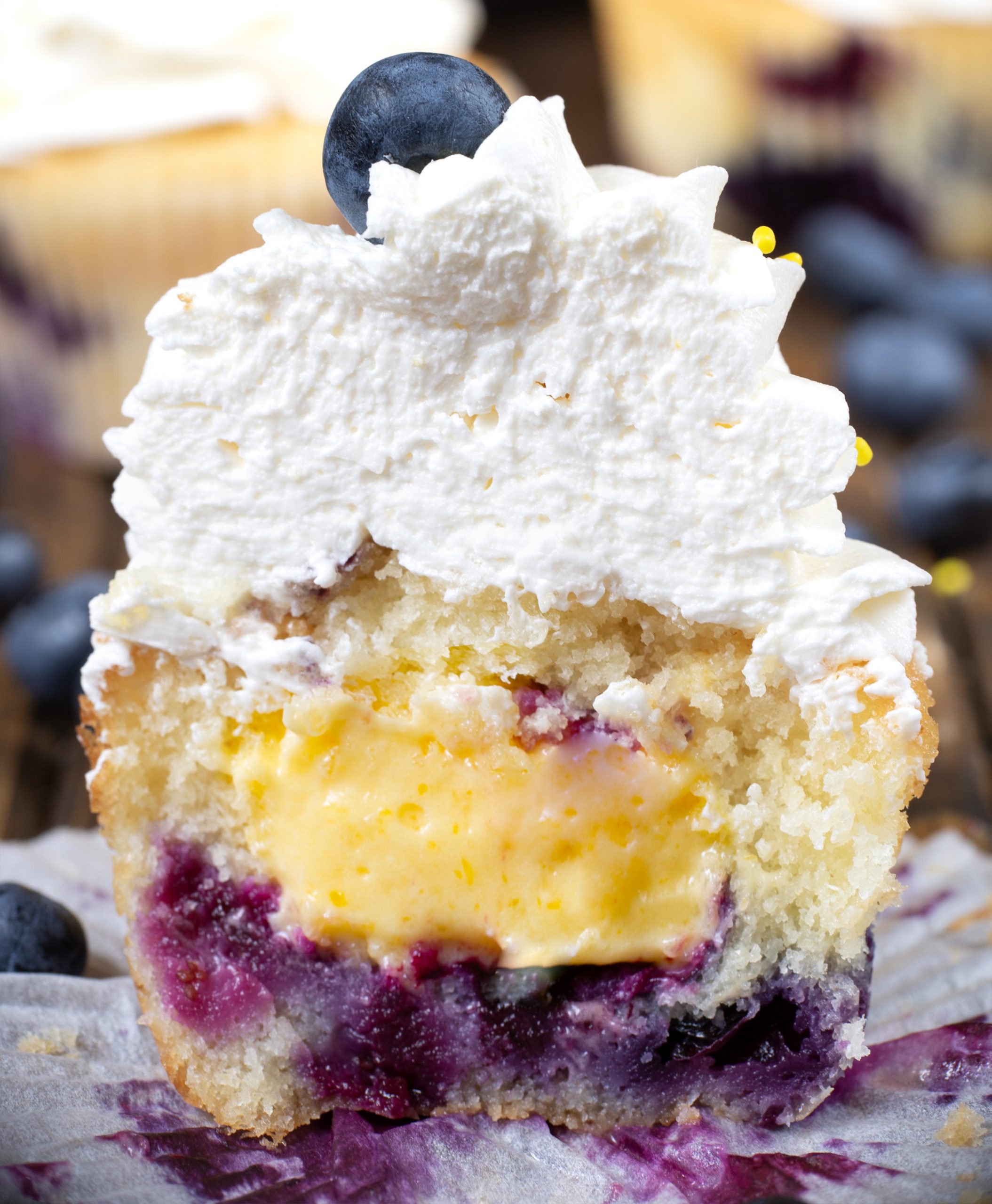 The cupcake has a golden, moist texture with visible blueberry chunks at the bottom. The top is decorated with a thick layer of whipped cream and a single fresh blueberry.