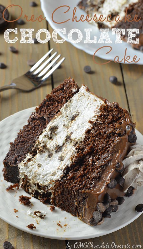 Oreo Cheesecake Chocolate Cake, so decadent chocolate cake recipe. Oreo cheesecake sandwiched between two layers of soft, rich and fudgy chocolate cake.