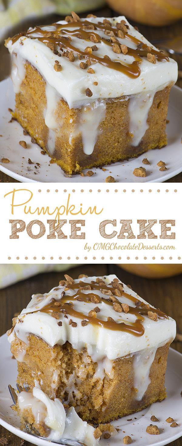 Pumpkin Poke Cake - If you love classic pumpkin cake with cream cheese frosting, then you will surely love this upgraded version of the unbelievably moist Pumpkin cake filled with homemade white chocolate pudding.