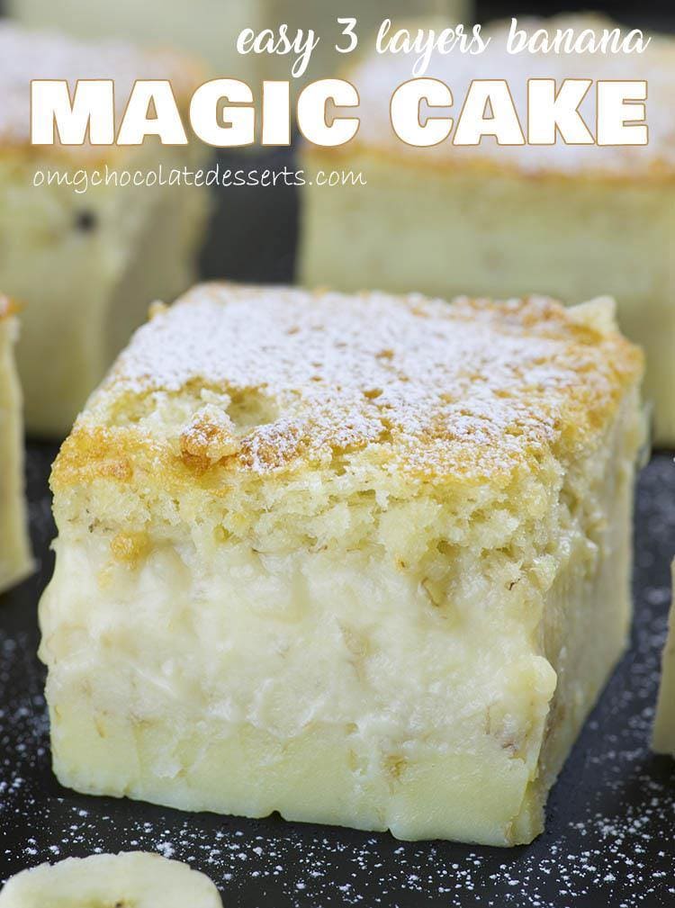 Big piece of Easy Banana Magic Cake with three custard layers. 