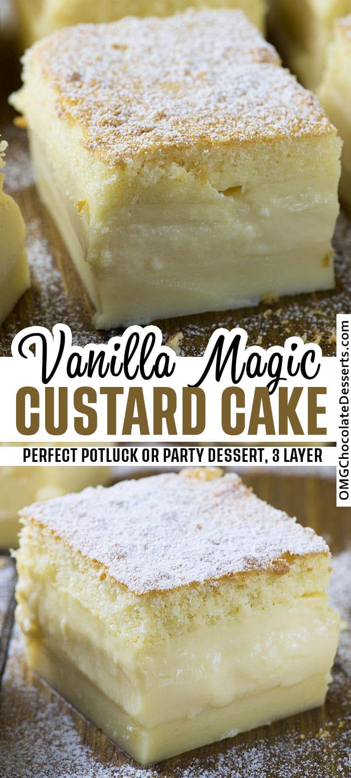 Two different images of Easy Vanilla Magic Custard Cake