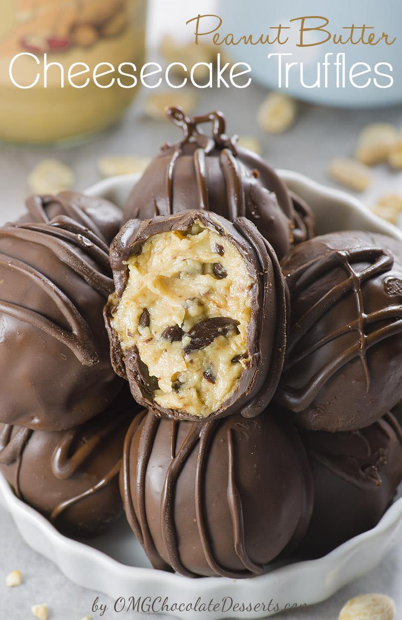 Peanut Butter Cheesecake Truffles are delicious bites of smooth peanut butter cheesecake loaded with chocolate chips, covered with crunchy chocolate shel