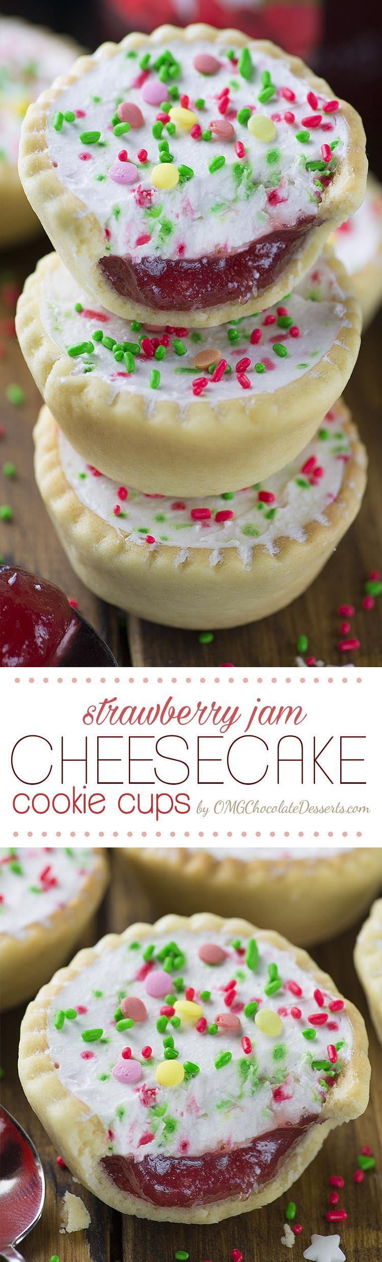 Sweet little cookie cups filled with strawberry jam and no bake cheesecake will be your original and perfect Christmas cookies decision! Don’t miss the beautiful Strawberry Jam Cheesecake Cookies