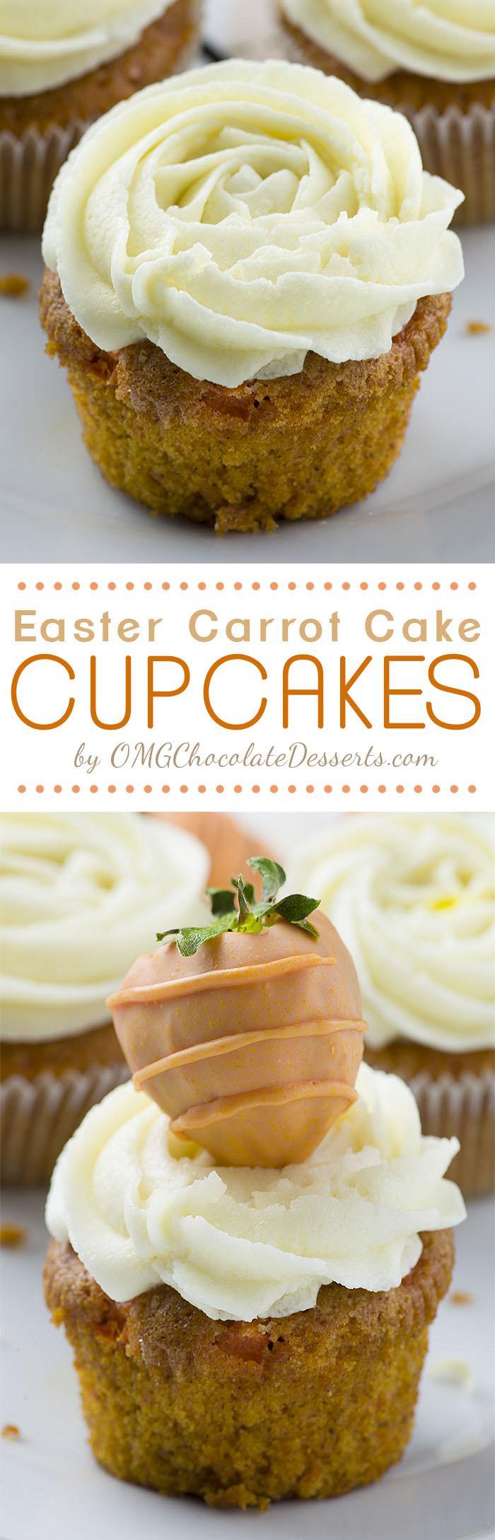 Carrot Cake Cupcakes - absolutely perfect Easter dessert. Easy to make and super moist carrot cupcakes garnished with cute Carrot Chocolate