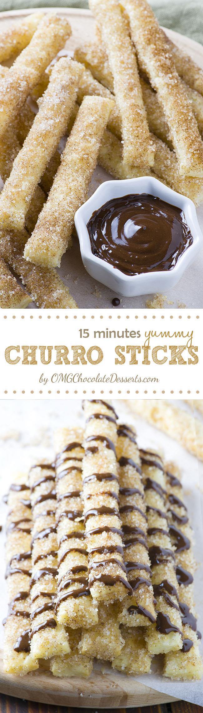 15 Minutes Churro Sticks â€“ easy, crispy sticks made with puff pastry, rolled in melted butter and coated with cinnamon-sugar mixture, served with warm chocolate dipping sauce 