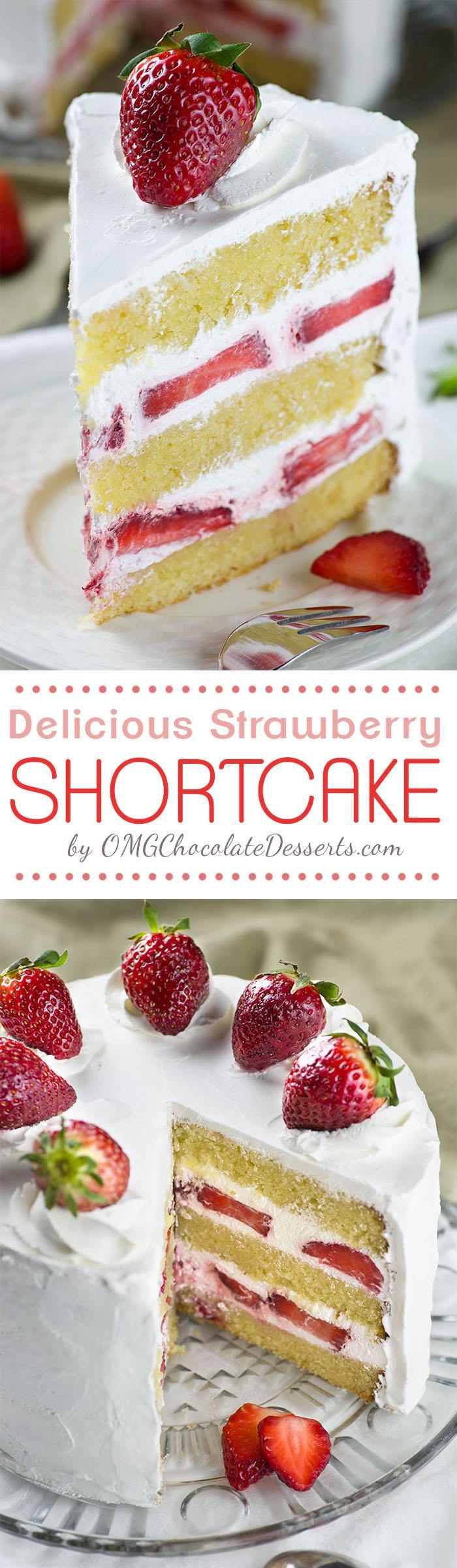Strawberry Shortcake Cake - layers of dense, buttery and moist vanilla cake filled with fresh whipped cream and fresh sliced strawberries. Easy spring ( or summer ) dessert recipe to celebrate the arrival of my favorite season.