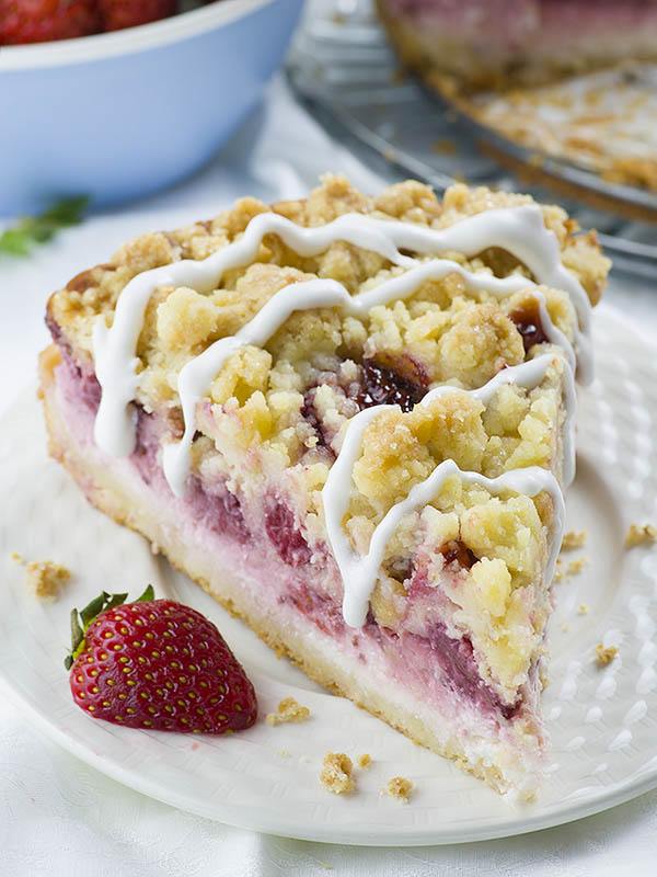 Slice of Strawberry Cream Cheese Coffee Cake on a plate.