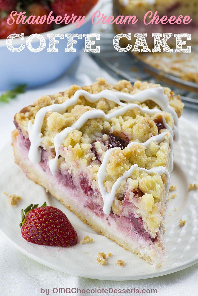 Strawberry Cheesecake Coffee Cake-one cake with seven irresistible layers - buttery and moist, vanilla crumb cake, creamy cheesecake filling, juicy strawberries, another cake layer topped with sliced strawberries, crumb topping and sweet vanilla glaze.