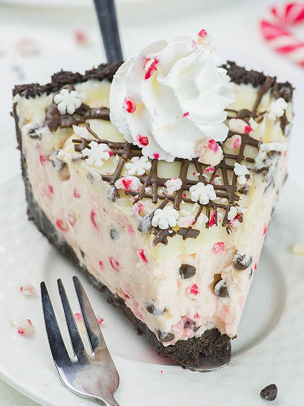 Slice of Candy Cane Pie on a plate.