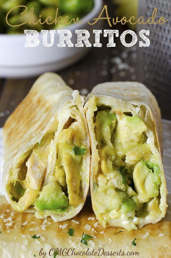 Two pieces Chicken Avocado Burritos in front of avocado bowl. 