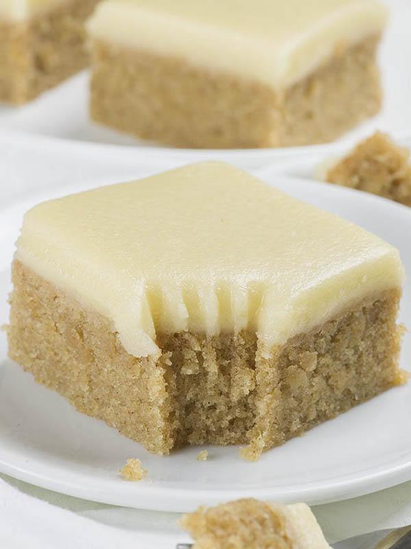 Piece of Banana Bread Blondies on a white plate.