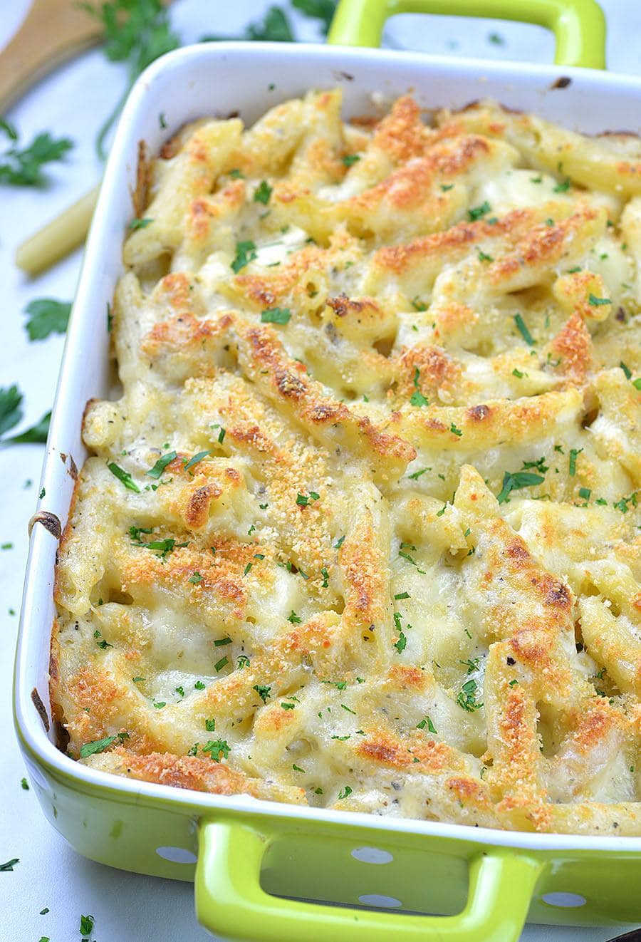 Chicken Alfredo Bake in casserole.