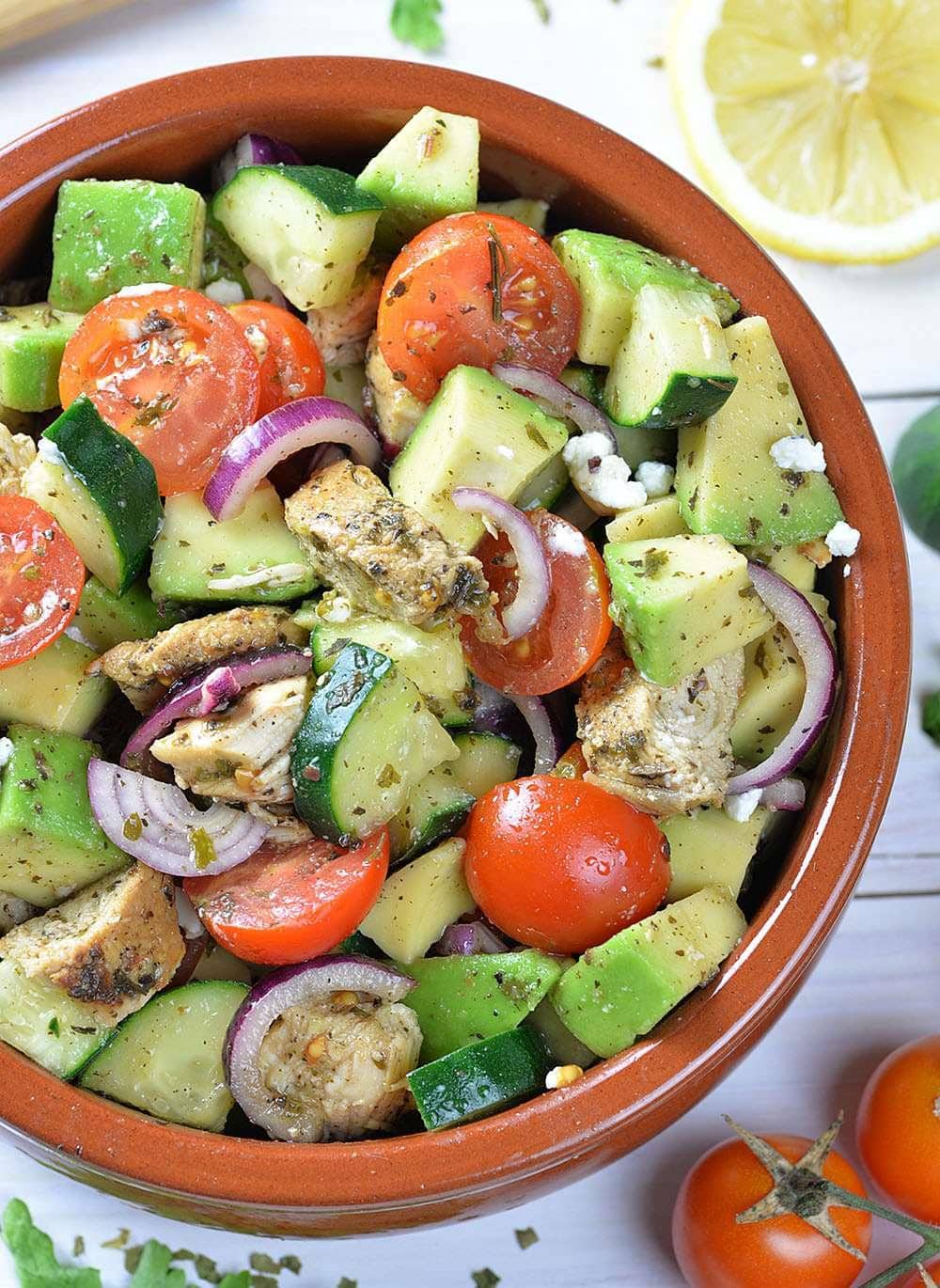 Chopped salad with marinated grilled chicken and veggies is skinny, clean eating, low carb, light and easy summer meal. 