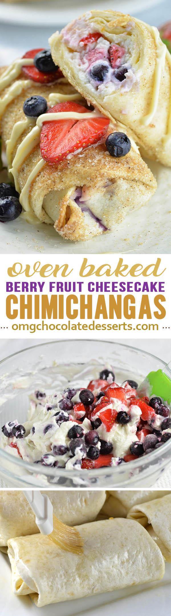 Looking for QUICK and EASY SUMMER DESSERT RECIPE?! Oven Baked Berry Cheesecake Chimichangas are delicious, EASY and FUN DESSERT, perfect as red, white and blue 4th OF JULY PARTY FOOD!!!