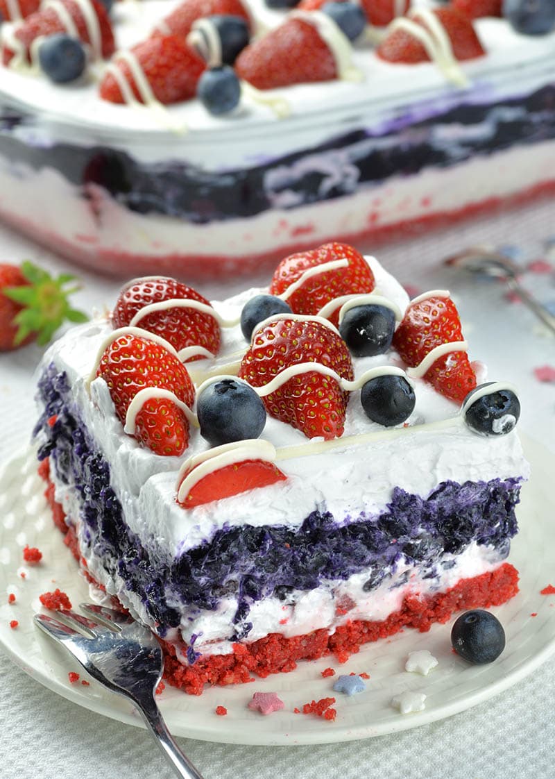 No Bake Summer Berry Lasagna is EASY SUMMER DESSERT RECIPE for refreshing sweet treat. RED WHITE and BLUE no bake dessert is fun idea for Memorial Day and 4th of July.