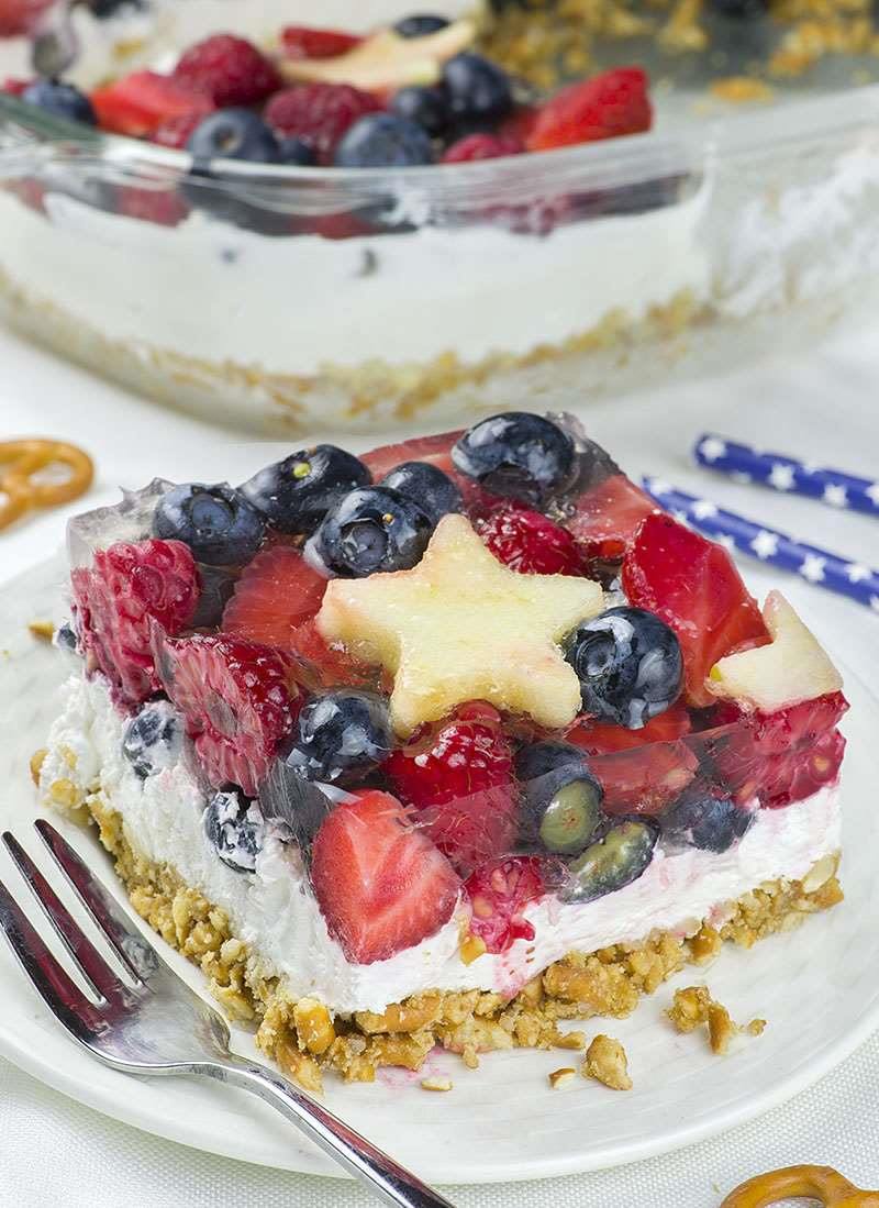 No Bake Summer Berry Pretzel Salad - OMG Chocolate Desserts