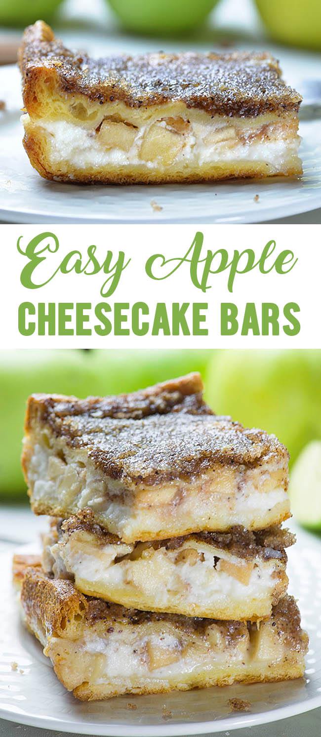 Easy Apple Cheesecake Bars are delicious fall dessert with crescent rolls, cream cheese, fresh apples and buttery cinnamon sugar topping. Save leftovers for breakfast!