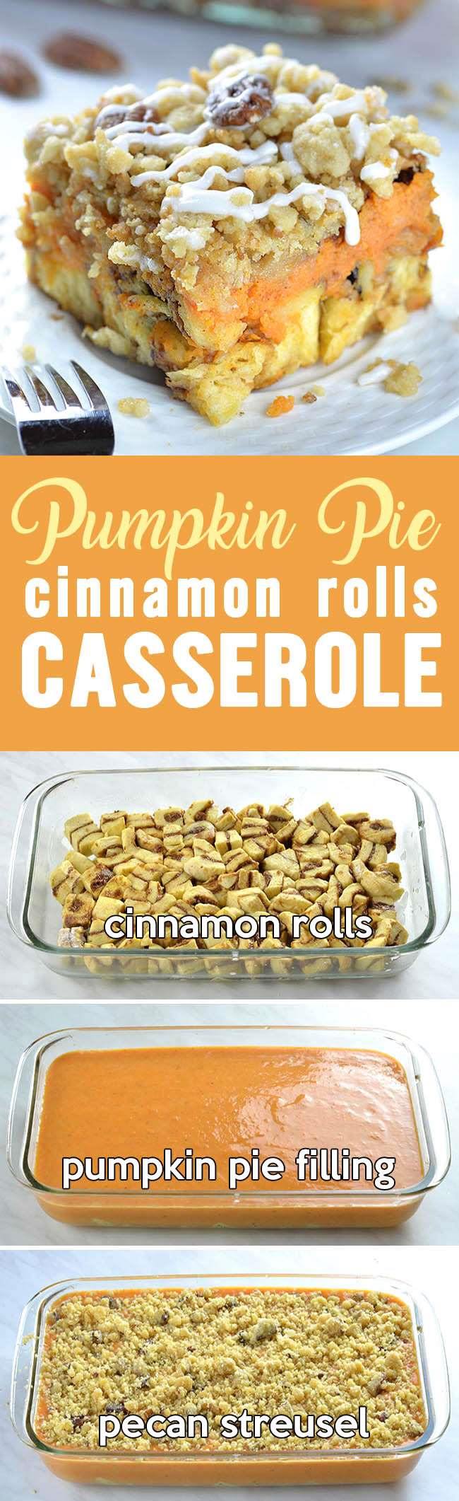 Pumpkin Pie Cinnamon Roll Casserole would be great as special, festive breakfast or brunch for Thanksgiving or Christmas, too.