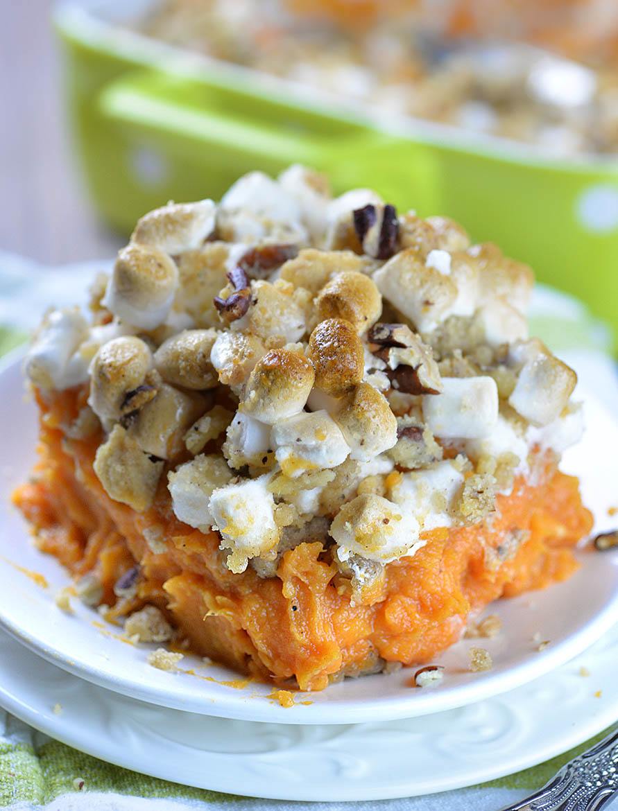 Sweet Potato Casserole Recipe - This easy recipe with mashed sweet potato, marshmallows and brown sugar pecan streusel makes yummy side dish for Thanksgiving dinner.