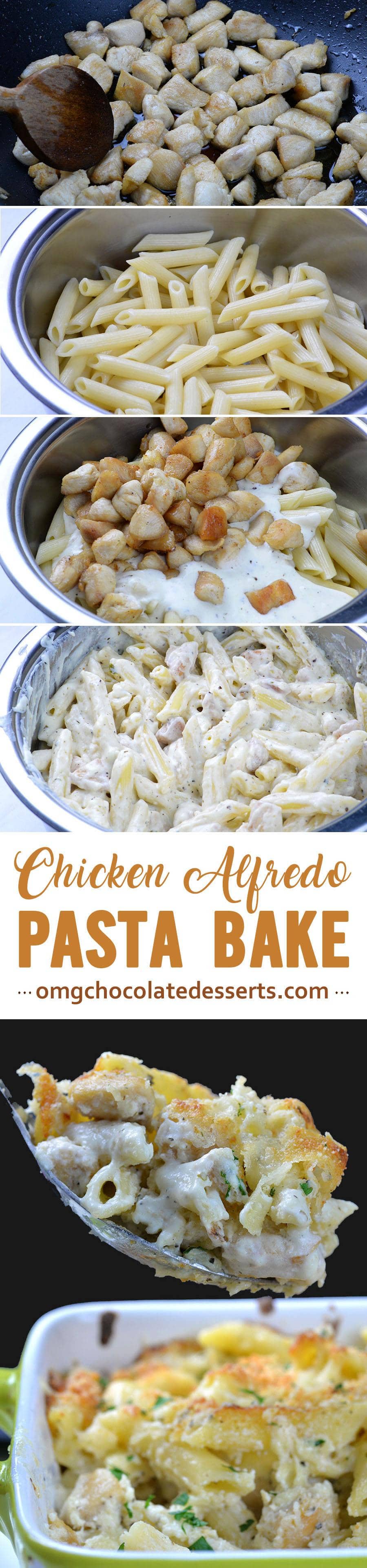 Chicken Alfredo Bake is EASY WEEKNIGHT DINNER CASSEROLE version of family favorite Chicken Alfredo. Cheesy, white sauce chicken Parmesan pasta is delicious, warm comfort food for cold winter nights!