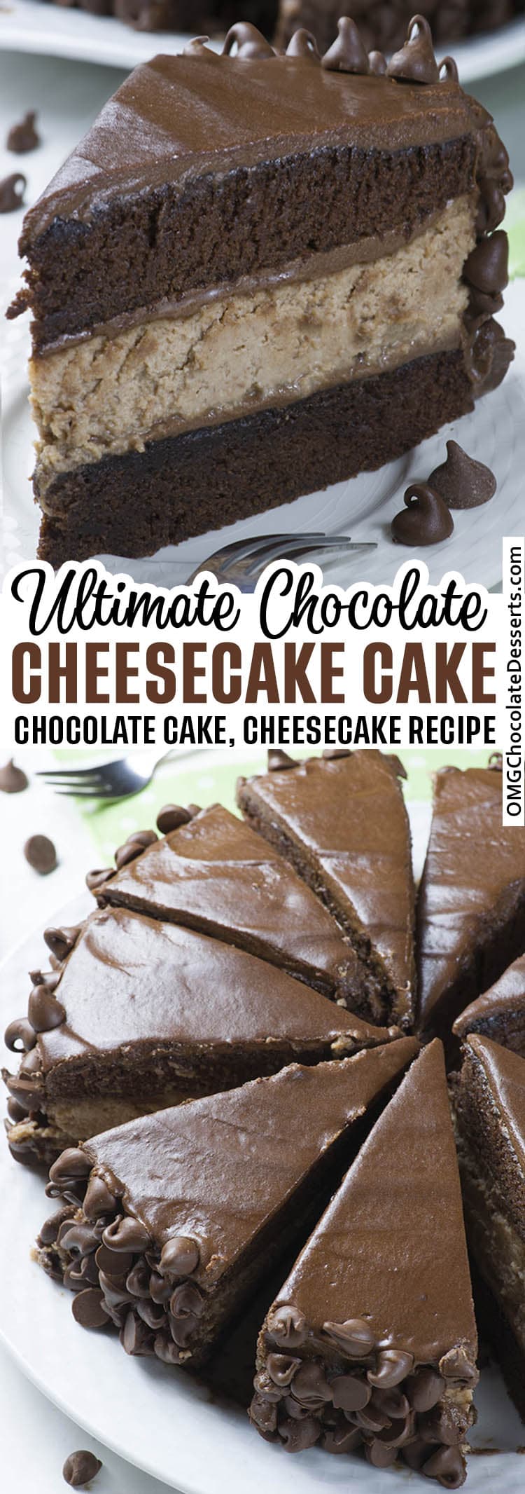 Rich and decadent combo of my favorite chocolate cheesecake and Hershey’s “Perfectly Chocolate” Chocolate Cake recipe and frosting, surrounded with lots of chocolate chips! This cake is definitely a chocolate lover’s dream!