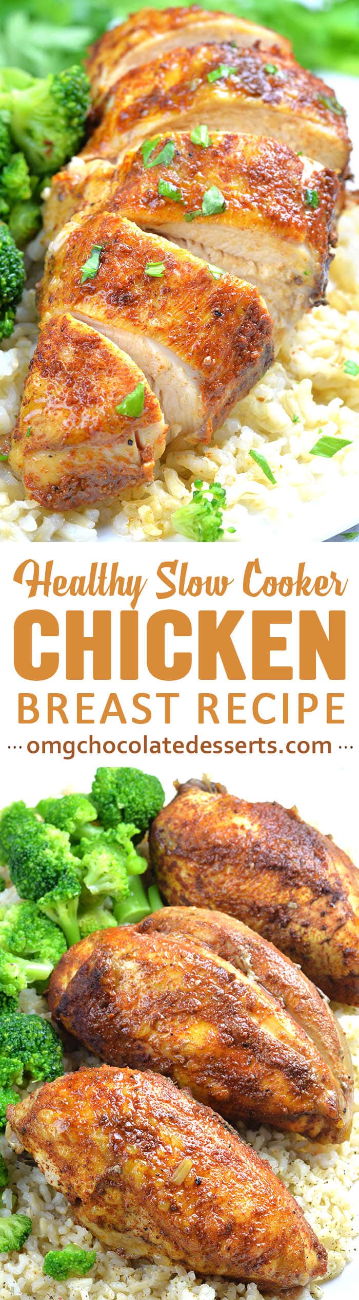 Healthy Slow Cooker Chicken Breast Recipe - juicy, crockpot chicken breast served with broccoli and rice is my favorite HEALTHY and family approved DINNER recipe.