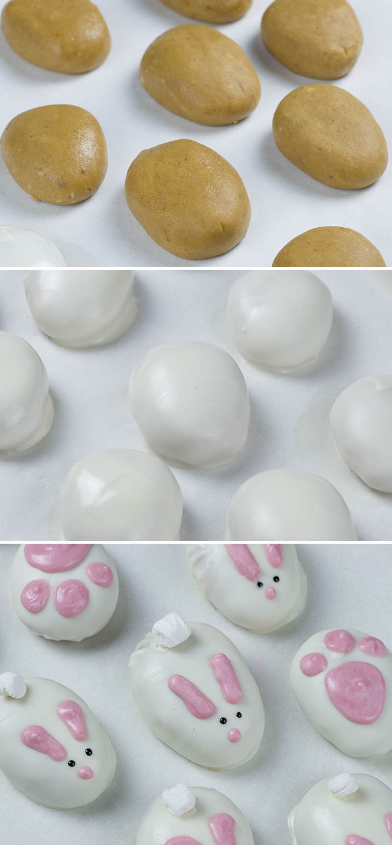 Tree steps image - peanut butter balls, whitechocolate dipped balls and finished Easter bunnies.