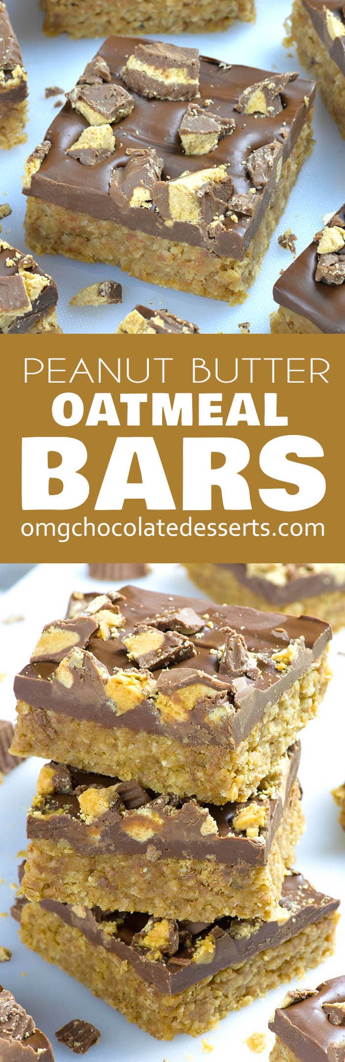 Whether you need a dessert or snack, no bake Reese's Peanut Butter Oatmeal Bars recipe will satisfy your taste buds!  Peanut butter oatmeal bars with chocolate frosting and pieces of Reese’s cups on top, are sure to please.