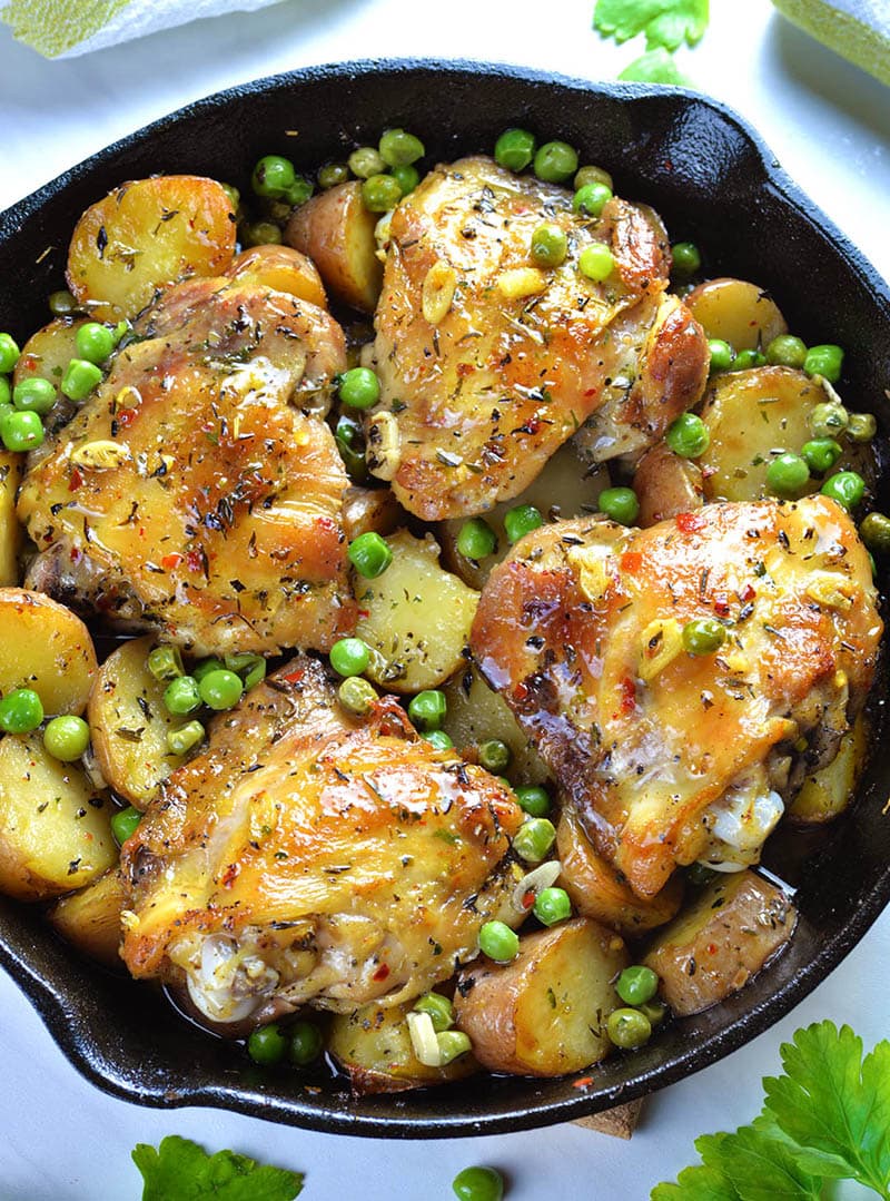 Chicken Vesuvio in a pot! Four baked chicken breasts rounded with baked potato and peas.