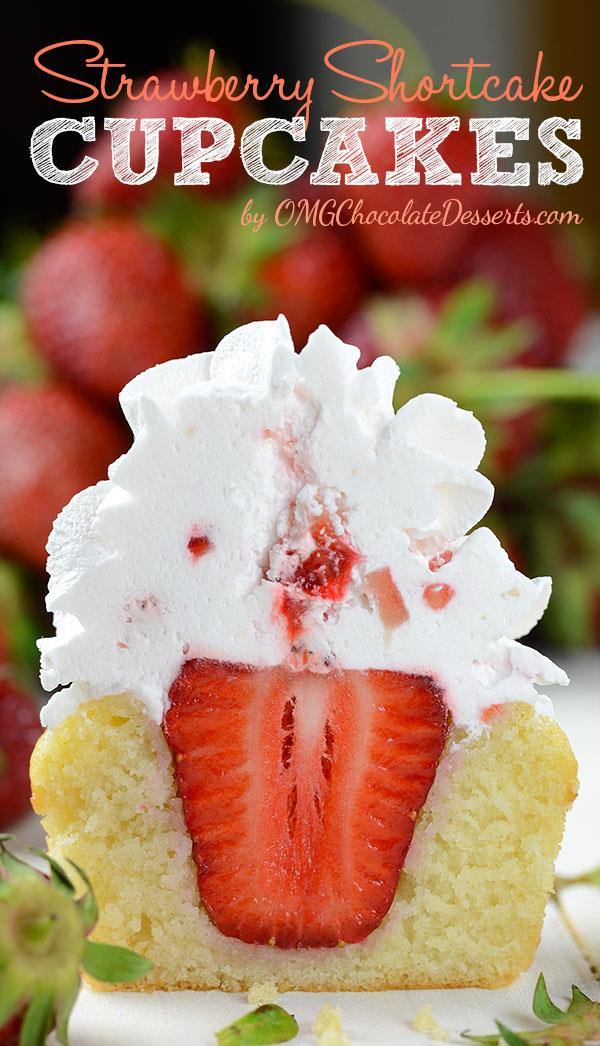 Half sliced piece of Strawberry Shortcake Cupcakes with big strawberry inside.