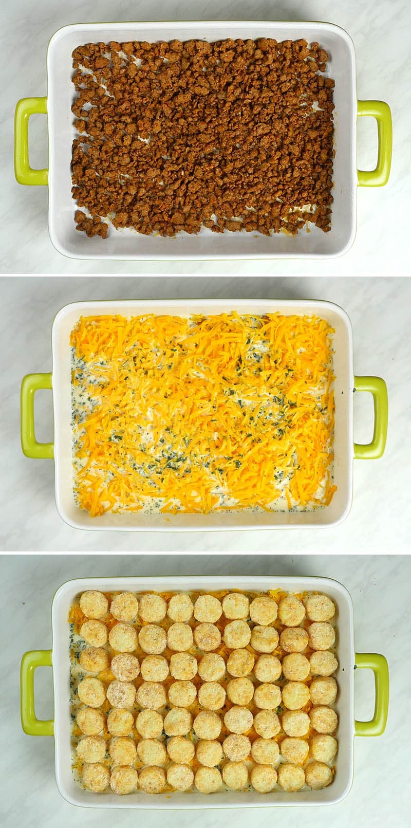 Three steps of preparing Tater Tot casserole!