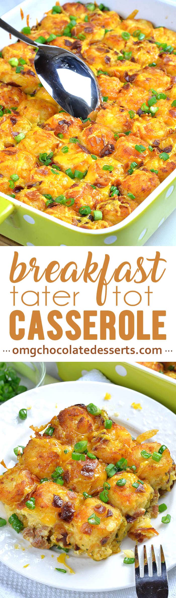 Tater Tot Breakfast Casserole recipe with sausage, bacon and eggs is easy, make ahead breakfast, brunch or weeknight dinner meal for whole family.