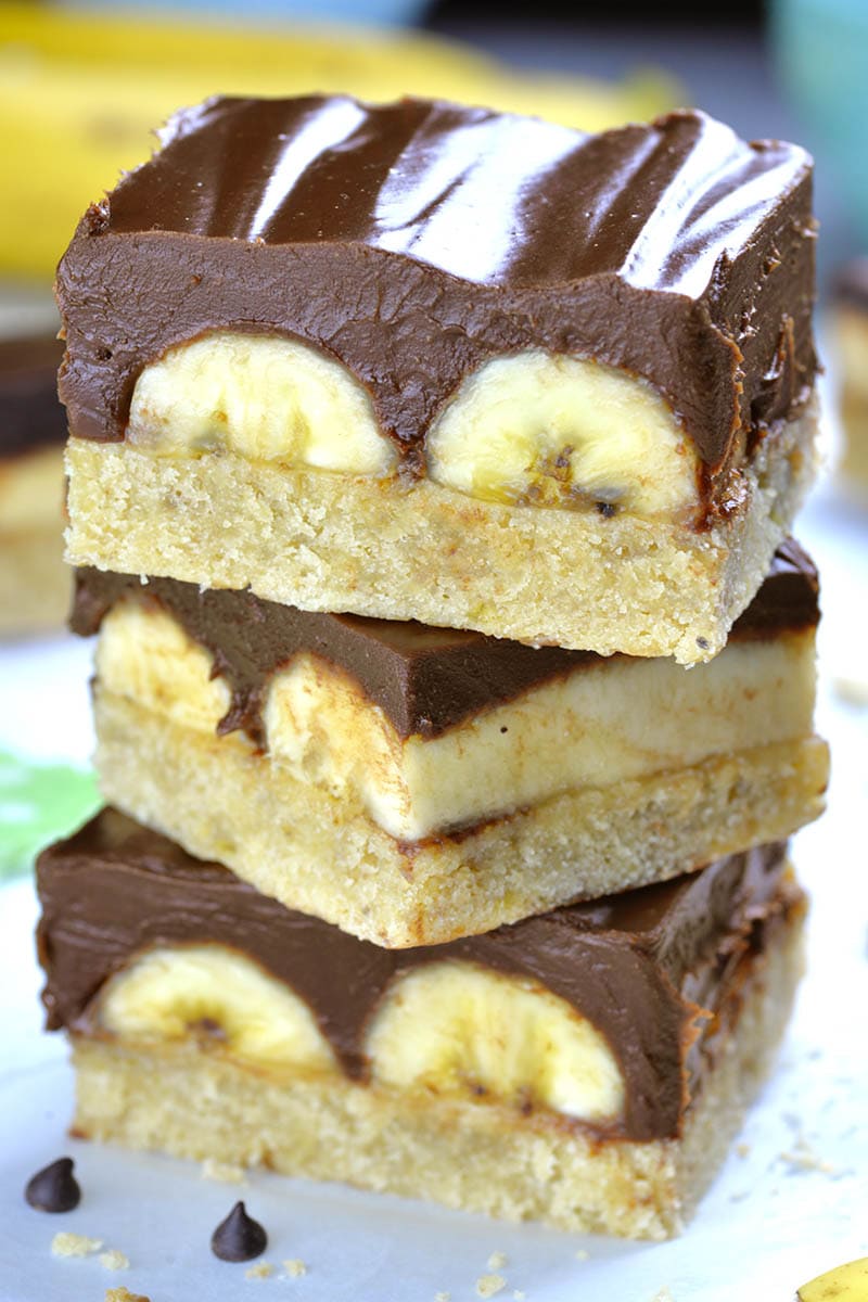 Three pieces of Chocolate Covered Banana Brownies.