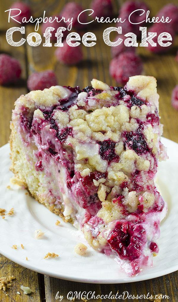 Piece of Raspberry Cream Cheese Coffee Cake on a white plate.