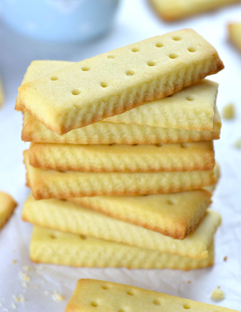 Bunch of rectangular shaped Easy Shortbread Cookies on each other.