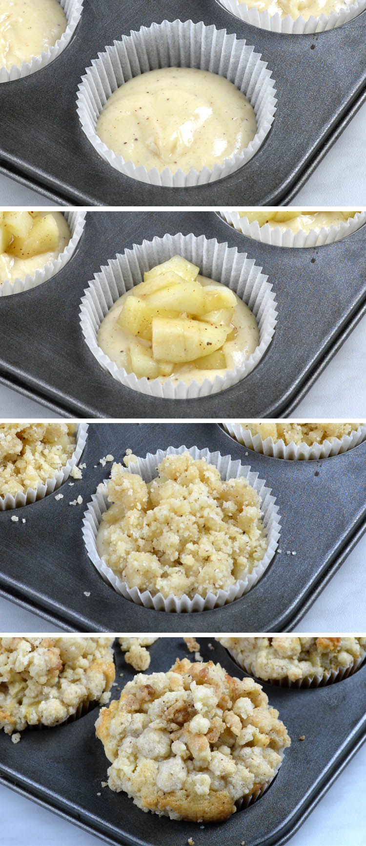 Four images of Apple Pie Muffins preparation.