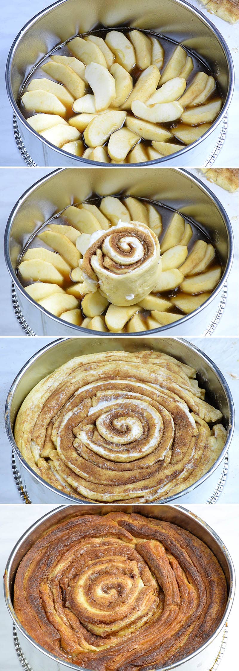 Four steps of preparation Upside Down Apple Cinnamon Roll Cake .